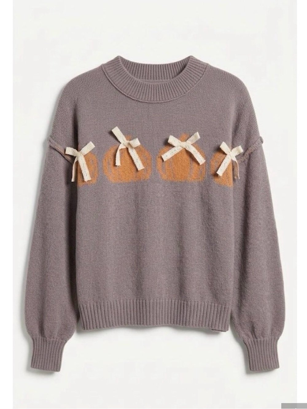 Fantastic Fawn Boutique Taupe Crewneck Fall Sweater with Orange Pumpkin Bows